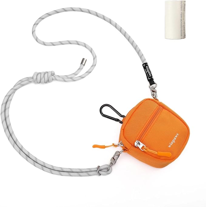 Dog Treat Pouch with Poop Bag Holder, Small Crossbody Bag for Puppy Training and Walking, Shoulder Strap Can Use as Dog Leash- Pet Travel Accessories, Metal Carabiner Attached (Orange) | 900D Oxford Fabric