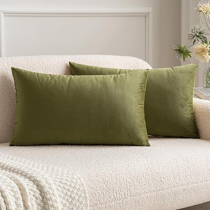 MIULEE 12x20 Inch Lumbar Velvet Throw Pillow Covers Light Olive Green | Pack of 2 Soft Solid Decorative Pillow Covers, Modern Luxury Home Decor, for Chair Couch Sofa Bedroom Livingroom