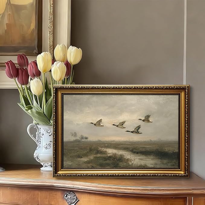 Vintage Hunting Gold Framed Wall Art Flying Mallard Duck Wall Decor Art | Rustic Landscape Painting Canvas Art Farmhouse Cottagecore Small Framed Prints Artwork Bedside Tables Foyer Bookshelf Entry