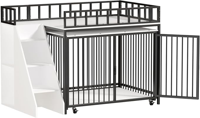 37" Dog Crate Furniture, Wooden Dog Kennel Indoor with Storage (White) | Heavy Duty Pet Cage Indoor for Small & Medium Dogs, Dog Kennel with Storage Shelf, 4 Lockable Wheels and Stairs, Loft-Style