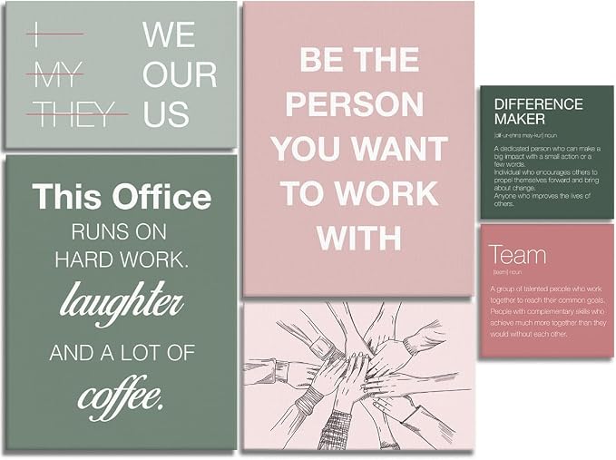 YEOION Motivational Office Wall Art,Inspirational Teamwork Wall Art for Office,Light Pink And Green Positive Teamwork Wall Decor for Workplace Set of 6