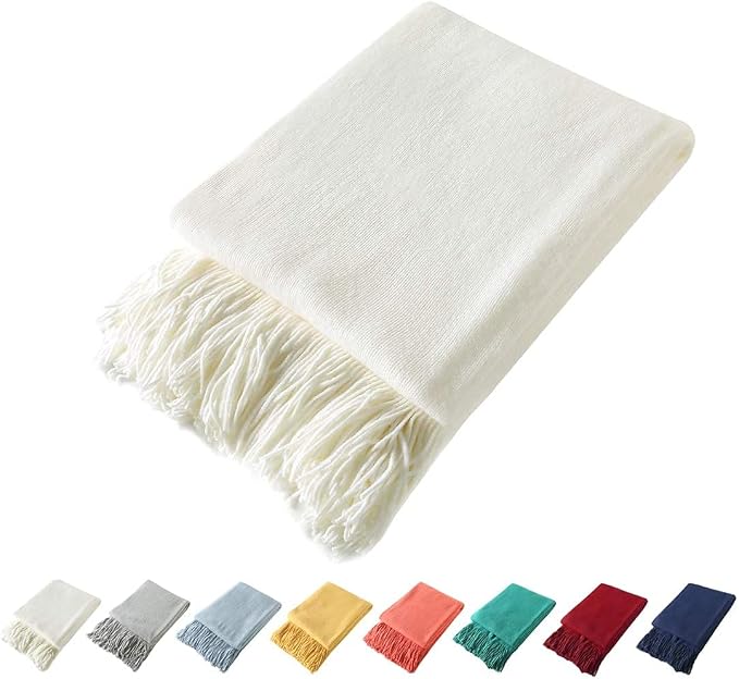 Homiest Ivory White Knitted Throw Blanket with Fringe, 60x80 Inch | Pure Acrylic, Lightweight & Breathable, All-Season Use, Machine Washable, Wrinkle & Fade Resistant, for Couch Sofa And Bed