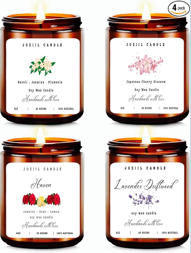 4 Pack Candles for Home Scented Aromatherapy Candle Gift Set for Women Soy Wax Long Lasting Amber Jar Candles Gift for Birthday Mother's Thanksgiving Day Present and Christmas Handmade in USA