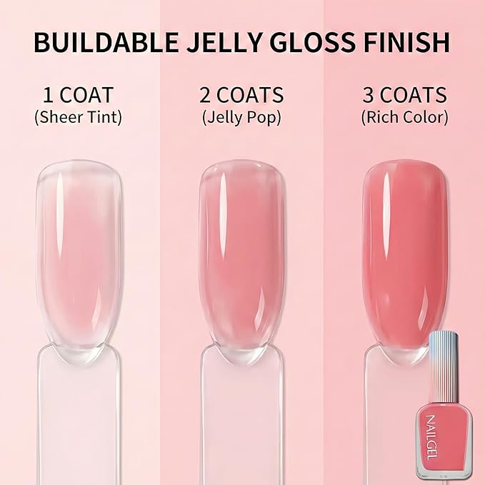 Jelly Pink Nail Polish 12ML, Sheer Translucent Pink Quick Dry, Air Dry Glossy Finish, No UV Lamp Needed for Women Girls