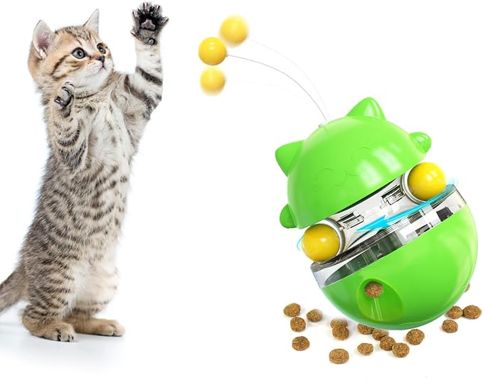 Cat Tumbler Interactive Treat Dispenser Toy, No-Electric Automatic Moving Cat Toy with Wand Ball, Slow Feeder & IQ Training Toy for Indoor Cats & Kittens, (Green)