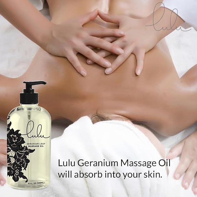 Lulu Geranium Massage Oil with Sweet Almond & Jojoba Oils Lightweight Non-Greasy Body Oil for Smooth Skin & Relaxation joint and muscle Aromatherapy for Couples Massage & Massage Therapy 16 fl oz Pump