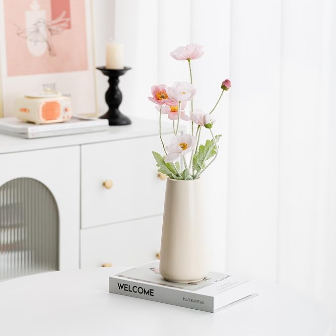 Simple Boho Ceramic Flower Vase for Home Decor (Beige,Big) | 8'' Modern Neutral Vase for Flower Plant Pampas Grass, Fit for Table Shelf Centerpieces, Living Room Kitchen Wedding Gift