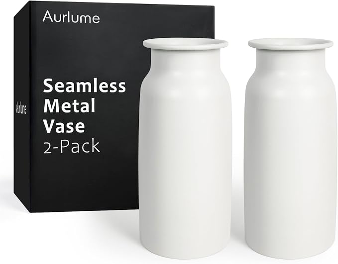 Set of 2 Seamless Metal Vase for Flowers, 10.8" Modern Matte White Floral Vase Set, Shatterproof & Leakproof, Minimalist Home Decor Centerpiece for Dining Table, Mantle, Shelf