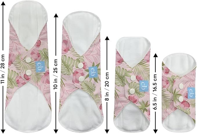 Charlie Banana - Reusable Feminine Pads Super+ 3Pack with Pouch | Washable Menstrual Pads for Heavy & Overnight Absorbency | Pink Forest