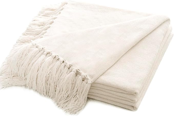RECYCO Chenille Throw Blanket for Couch, 50"x60", Ivory White | Super Soft Knit Throw Blanket with Fringe Tassels, Lightweight Knitted Throw, Cozy, Ideal for Sofa Chair Bed Living Room Gift