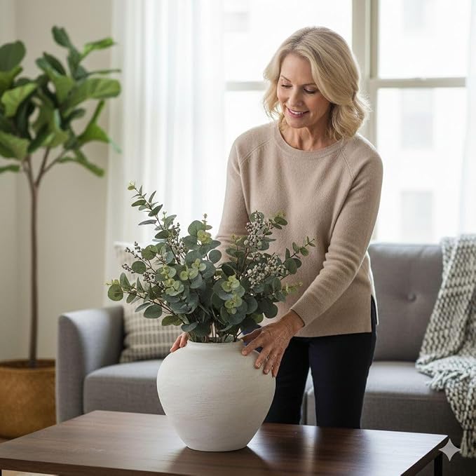 SilkSerenade Large Round Vase for Bedroom Kitchen Living Room Table, Contemporary Farmhouse Decorative Flowers Iron Vases, Rustic Earthy Japandi Wabi Sabi Modern Centerpieces (Brushed Round Large)