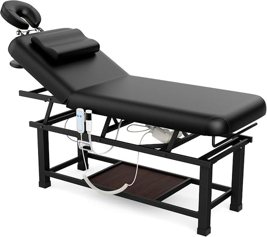 Olela Electric Heated Massage Table - Stationary Massage Table with Heating Function and Storage, Treatment Table with Electric Lift & Manual Adjustable Backrest, Metal Frame for Massage, Spa So On