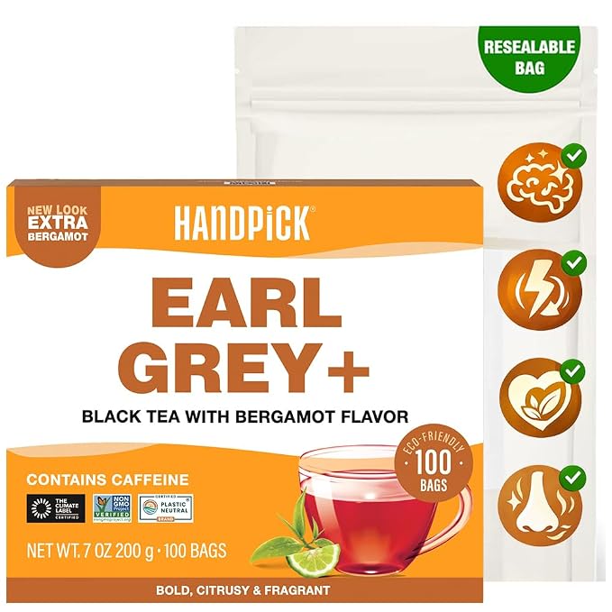 HANDPICK, Earl Grey Black Tea Bags (100 Count) Bergamot Oil | Caffeinated, Earl Grey Tea Bags | Flavoured With Citrus and Bergamot Brew Hot/Iced Tea with or without milk