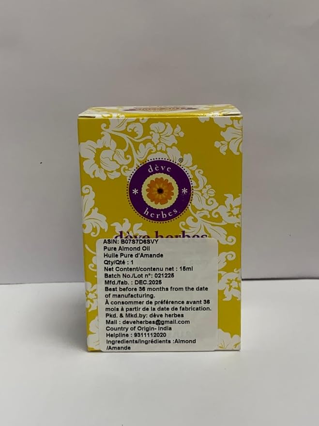 dève herbes Almond Oil (Prunus dulcis) with Glass Dropper | Cold Pressed | Pure | Natural | for Diluting Essential Oils | for Skin & Massage | Non-Sticky | Lightweight | Unisex | 15ml (0.50 oz)