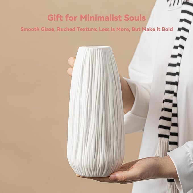 White Ceramic Vase with Woodgrain Texture & Vertical Lines - 9.3" Unique Flower Vase for Pampas Grass & Centerpieces, Farmhouse/Boho Decorative Vase for Living Room, Office Desk &Gift for Her/Yourself