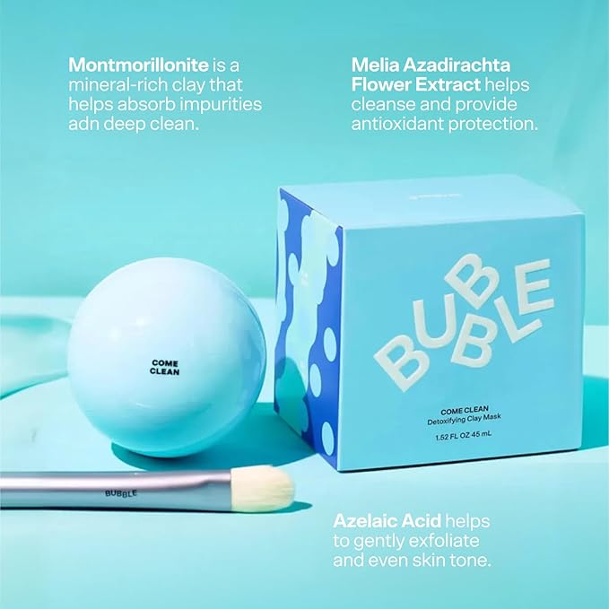 Bubble Skincare Come Clean Detoxifying Clay Mask - Mineral-Rich Face Mask with Azelaic Acid and Vitamin E to Gently Exfoliate and Protect Skin - Suitable for All Skin Types (45 ml)