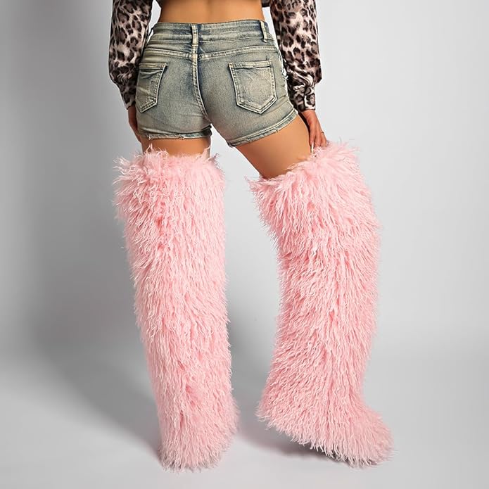 SWEETHEART BEAUTY Thigh High Shagy Teddy Fur Boots, 29 Inch Over the Knee Length Fluffy High Boots, Tall Furry Shoes For Women