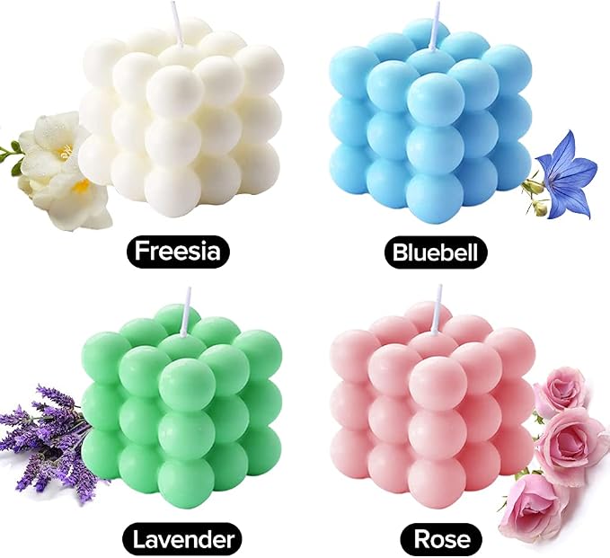 Scented Bubble Cube Candles, 5.4 oz Soy Wax Aromatherapy Candle, Bluebell (Blue) Scent, Modern Floral Decorative Candle for All Occasions