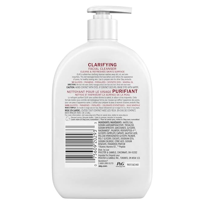 Olay Face Wash,Daily Facial Cleanser with Niacinamide,Peptides & Glycerin - Clarifying,Refreshes Skin Surface,Refines Appearance of Pores - Sulfate-Free,Paraben-Free,Oil-Free,16 Oz,(Pack of 2)