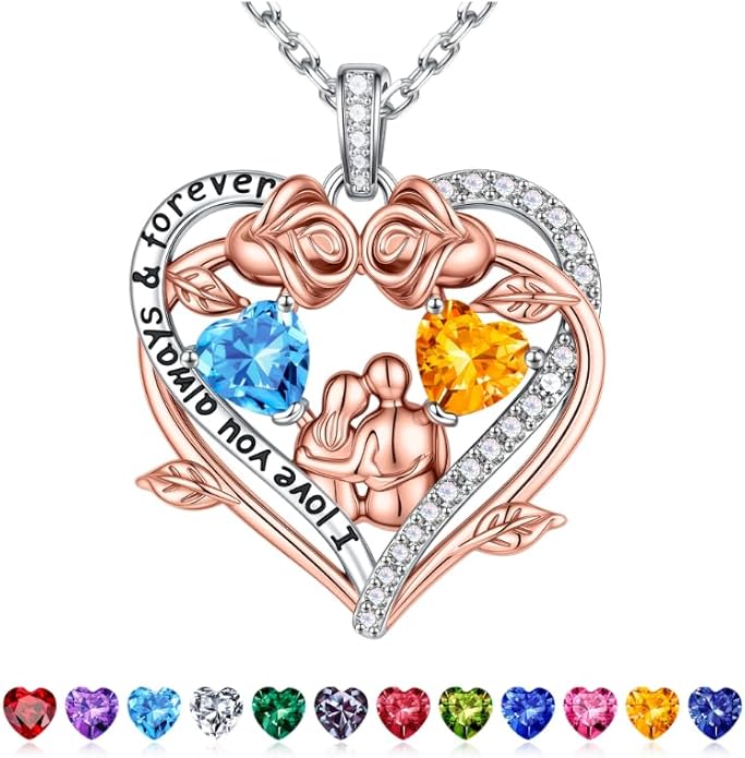 Iefil Valentines Gifts for Her Wife - 925 Sterling Silver Double Heart Birthstone Necklace, Anniversary Birthday Gifts for Women Wife Girlfriend