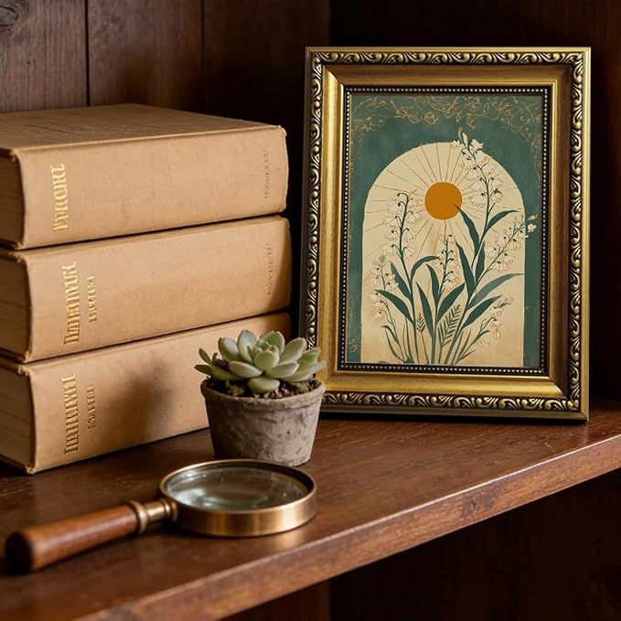 Lily of the Valley Gold Framed Wall Art Vintage Wall Decor Sun Arch Art | Moody Botanical Pictures Canvas Boho Emerald Green Small Framed Prints Artwork for Entryway Shelf Bedside Tables Gallery Wall