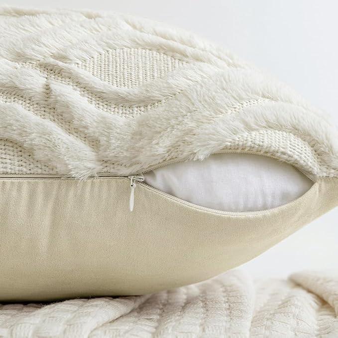 MIULEE Cream White Throw Pillow Covers 18x18 Inch, Soft Winter Plush Faux Wool Couch Pillow Covers Set of 2 Decorative Farmhouse Boho Throw Pillows for Sofa Living Room Bed | Set of 2, Farmhouse Boho Home Decor, Decorative Cushion Covers for Sofa, Livi...