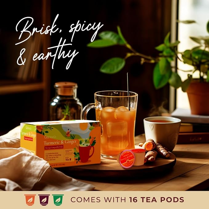 Gya Tea Co Turmeric Ginger Herbal Tea Pod (16 Count)- Decaf Wellness Tea for Body Comfort & Relaxing