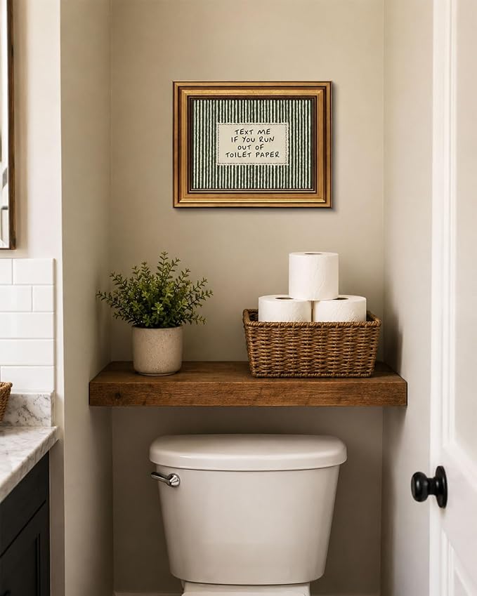 Gold Framed Wall Art, Funny Bathroom Canvas Prints, Text Me If You Run Out Of Toilet Paper Picture Wall Decor, Striped Humorous Decor for Bathroom Toilet Restroom 12x16 inch