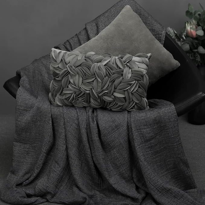 KINGROSE Handmade 3D Flower Pillow Cover, Velvet, 12 x 20 Inches, Grey | Decorative Throw Pillow Case, Solid Soft Cushion Cover, Sofa, Bed, Living Room, Couch