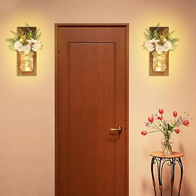 Rustic Wall Sconces Mason Jar Sconces Handmade Wall Art Hanging Design with Remote Control LED Fairy Lights and White Peony, Wall Decor Gift Farmhouse Wall Home Decor Living Room Lights Set of Two