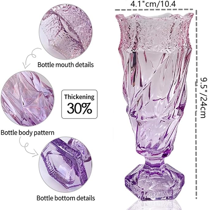 Glass Flower vase 2.4lb 9.5inch,Bohemian Style, for Centerpieces,Wedding,Home Decor Glass Vase (Purple Pink)
