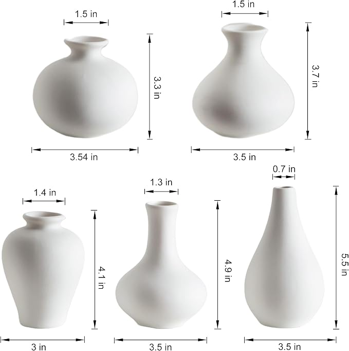 Tanvecle Small White Vases, Ceramic Bud Vase Set of 5, Mini Pottery Vases for Pampas Grass, Flowers, Decorative Vases for Home Modern Decor, Rustic Decor, Veses for Living Room Dining Table Shelves