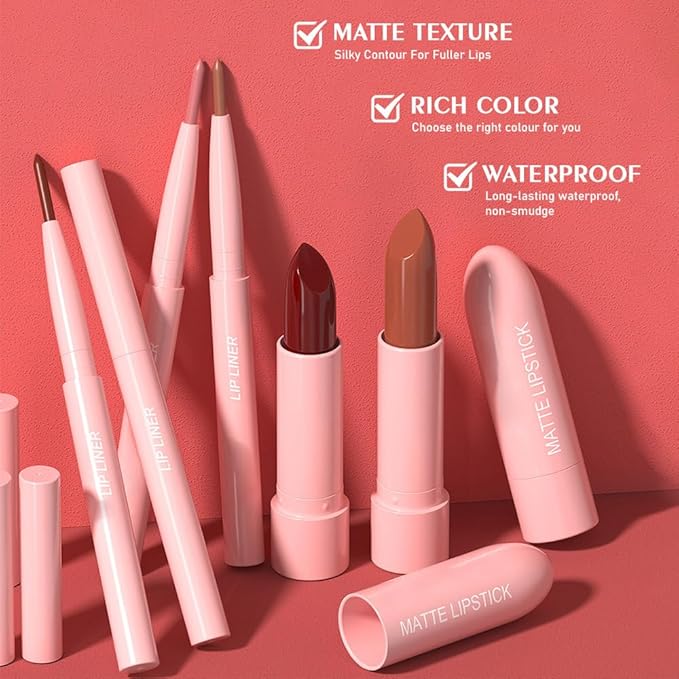 2 in 1 Matte Lipstick Lip Liner Pencil Set,Orange Waterproof Lip Stick Lip liner Combo for Old Women Long Lasting Lipstick,labiales mate 24 horas originales