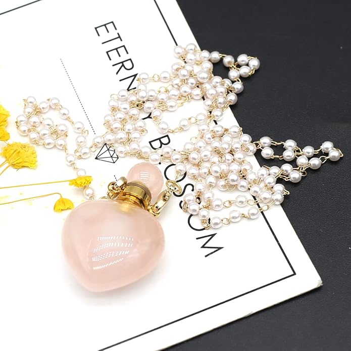 1pcs Natural Rose Quartz Stone Perfume Bottle Pendant Pearl Bead Chain Rectangle Heart Necklace for Women Jewelry Free Accessory Glasses