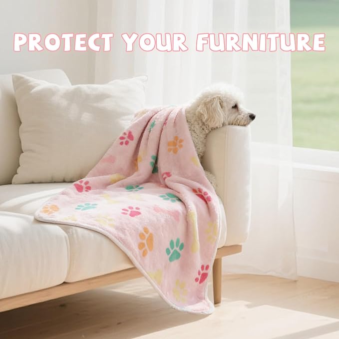 YUEPET 2 Pack Waterproof Dog Blankets, Washable Puppy Blankets 30 x 20 in | Pink/Brown Paw Print Set, Reversible Fleece Throw, Heat-Reflective Mylar, Bed/Sofa/Car Protection, Small/Medium Dogs and Cats