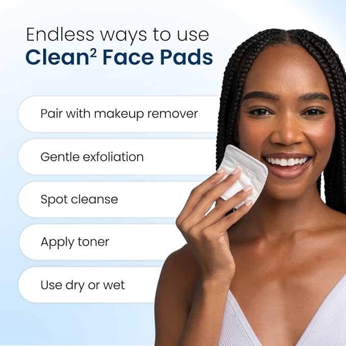 Clean Skin Club Clean² Pads 2.0 [New & Improved Edges] Guaranteed Not to Shed & Tear, Unique Triple Layers, Textured Side & Ultra Soft Side, Organic Disposable Cotton, Pair with Makeup Remover 2 Pack