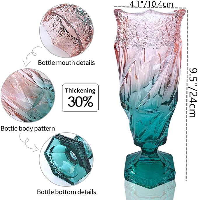 Glass Flower vase 2.4lb 9.5inch,Bohemian Style, for Centerpieces,Wedding,Home Decor Glass Vase (Green Pink)