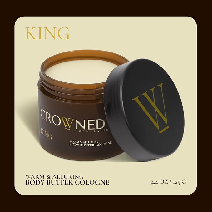 Crowned Skin King Cologned Body Butter | Warm and Sensual Scent | Blended with Sandalwood & Leather | Infused with Organic Shea & Mango Butters | Moisturizing Formula with All-Day Fragrance | 4.4oz