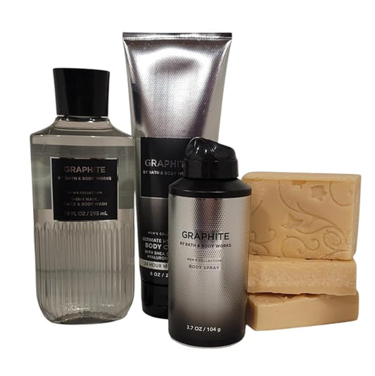 Bath and Body Graphite Gift Set for Men - 3-in-1 Hair, Face and Body Wash - Body Cream - Body Spray Rosebud Ranch Goat Milk Soap Sample