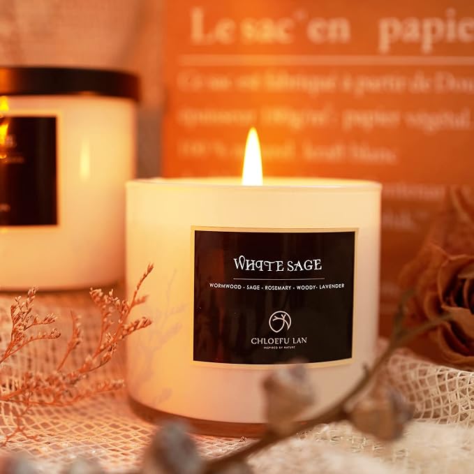White Sage Candle for House Energy Cleansing and Chakra Healing-Relaxing Soy Scented Candles Gift for Women 7.1oz|45 Hour Long Lasting Glass Jar Candle Stress Relief