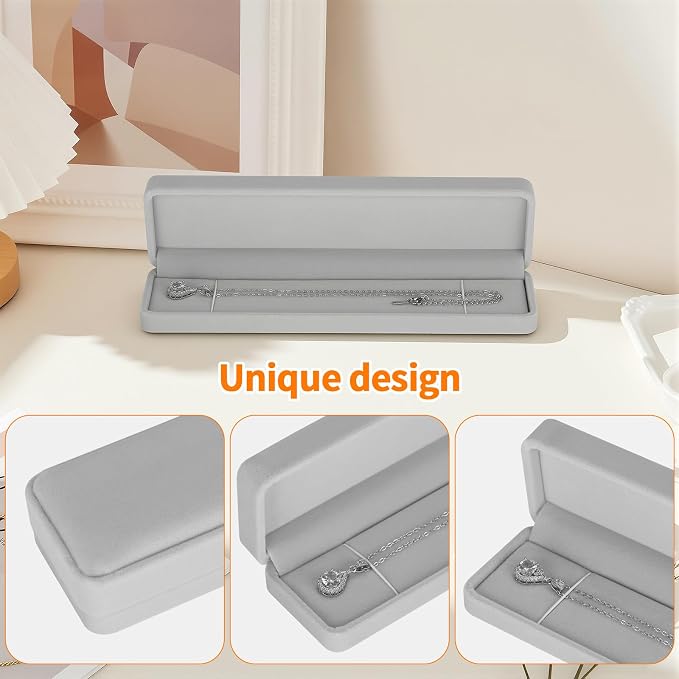 KUKUVR 2 Pcs Velvet Necklace Gift Box, Long Jewelry Storage Holder Case for Chain Pendant Bracelet Engagement Birthday Anniversary (Grey)