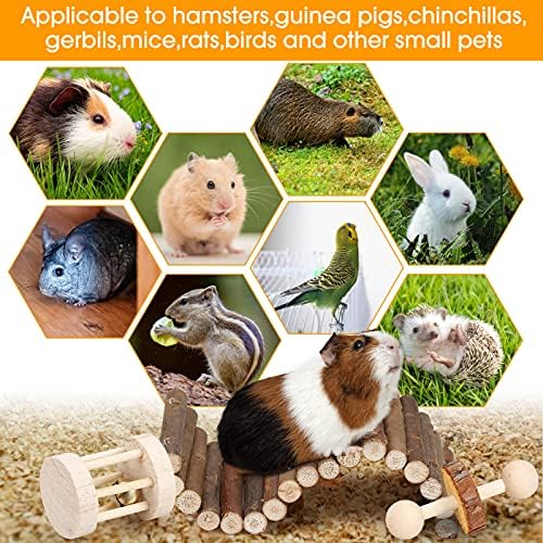 Hamster Chew Toys Set Small Animal Molar Toys Teeth Care Wooden Accessories for Guinea Pigs,Chinchillas,Gerbils,Mice,Rats,Mouse Rodents Toy Swing Seesaw Bridge (Wood)
