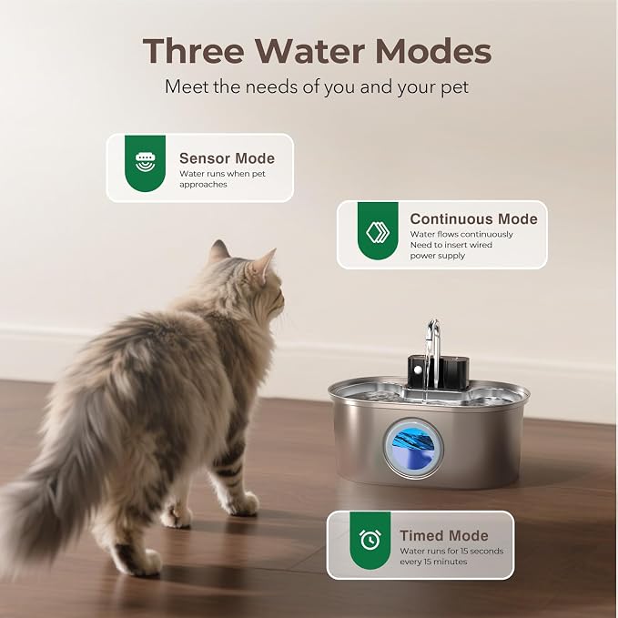 PEKTACO Wireless Cat Water Fountain, 108oz/3.2L Stainless Steel, 3 Filters | 3 smart modes, 25 dB quiet pump, multi-layer filtration, BPA-free parts, dishwasher-safe bowl, easy-clean for daily use