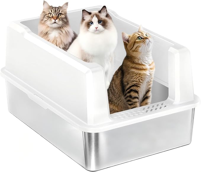 Extra Large Stainless Steel Litter Box for Large Cats | 50% Thicker Metal, High Sides, Leak-Proof, Non-Stick Surface, Odor Resistant, Easy Clean