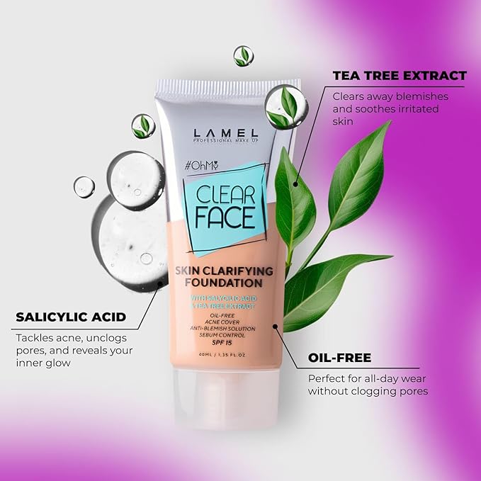 LAMEL Oh My Clear Face Full Coverage Foundation for Oily & Acne Prone Skin, Salicylic Acid & Tea Tree Extract, Anti-Blemish Sensitive Skin Care, Organic & Oil-Free, 405 Buff Beige, 40 ml / 1.35 fl.oz