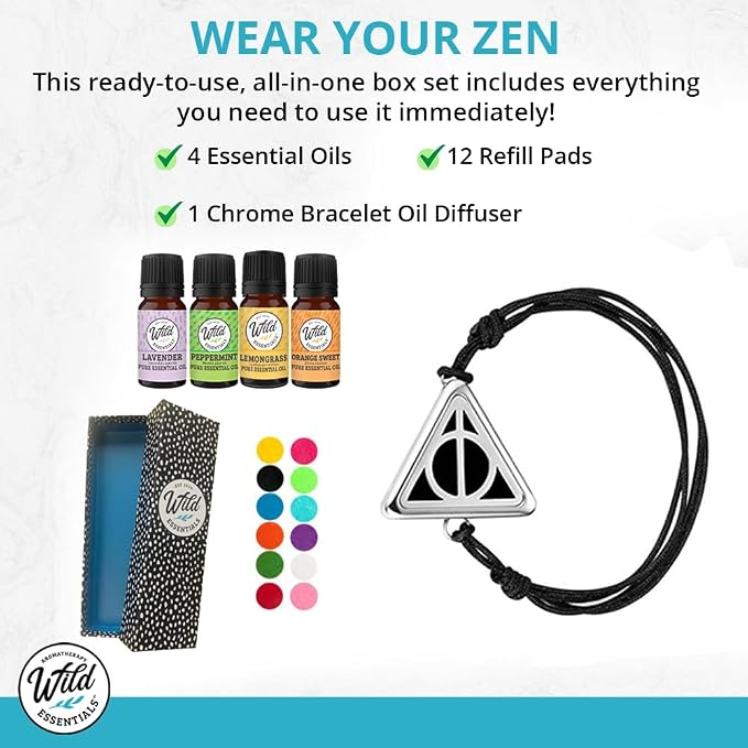 Wild Essentials Black Chrome Bat Essential Oil Diffuser Bracelet Gift Set with Aromatherapy Pendant, Adjustable Nylon Band, 12 Pads and 100% Pure Oils; Lavender, Lemongrass, Orange and Peppermint