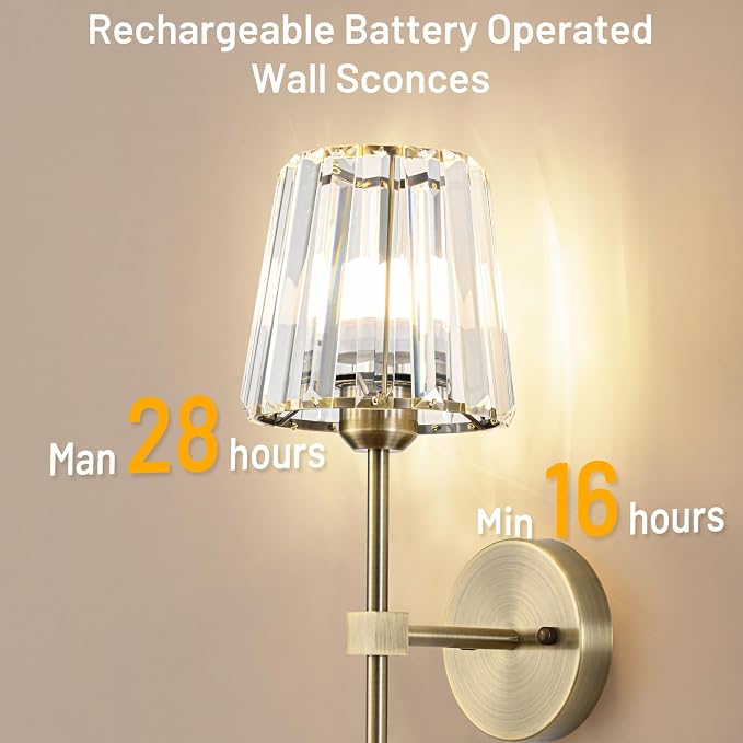 Crystal Battery Operated Wall Sconces Set of 2, Brass Rechargeable Wireless Wall Lights with Crystal Lampshade, 12 RGB and 3CCT Dimmable Wall Lamp with Remote for Bedroom Living Room Hallway