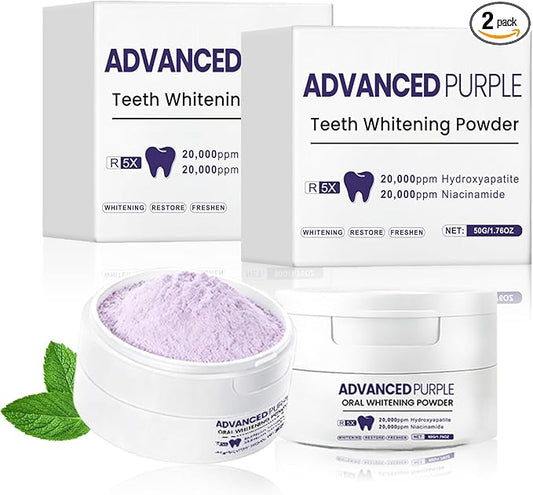 2 PCS Teeth Whitening Powder, R5X Advanced Purple Color Balance Toothpaste, Nano Hydroxyapatite Remineralizing (Enamel Repair) & Niacinamide Formula - Immediate Whitening Results, 2 * 50 Grams