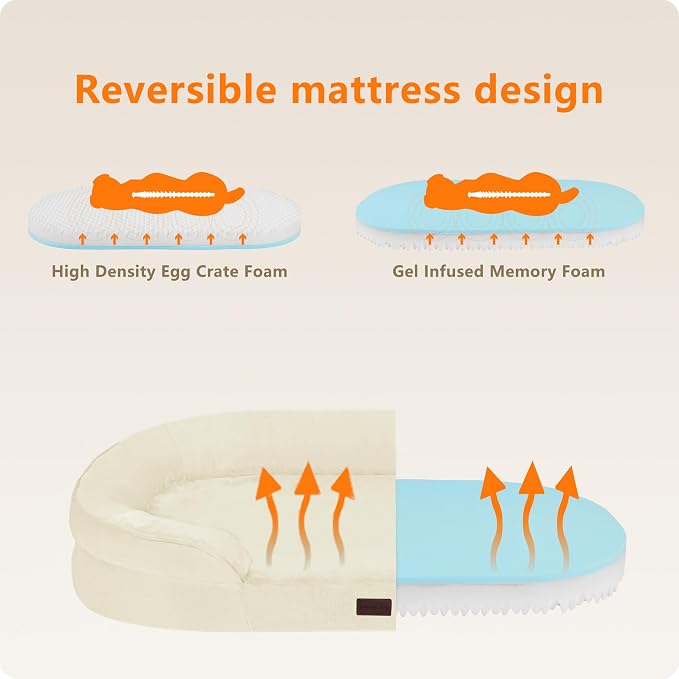 Dwanton Orthopedic Waterproof Medium Dog Bed Sofa, Gel Memory Foam, 36" | Egg-Crate Foam Dog Sofa, Washable Pet Bed with Four Sided Bolster Cushion, Removable Cover & Non-Slip Bottom, Beige