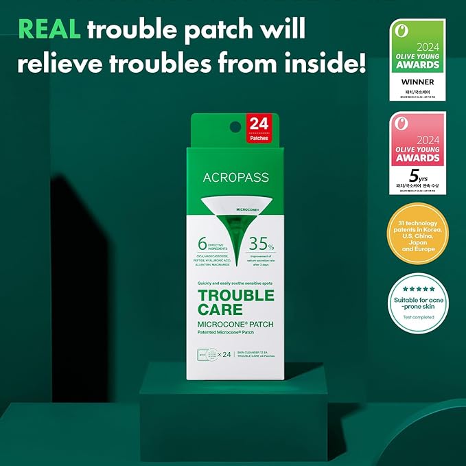 ACROPASS Trouble Care Microcone Acne Patch, Spot Care for Early Pimple and Zits, Hydrocolloid & Niacinamide for Blemishes (Regular Size 24count)